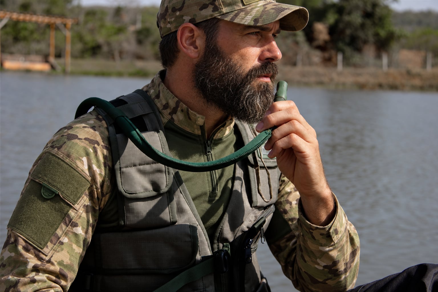 Homem de boné camuflado usando colete tático Fox Boy com hidratação, à beira de um lago
